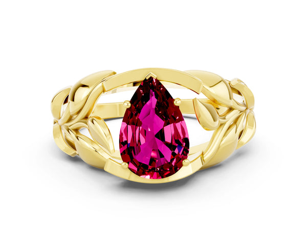 Yellow gold Pear Cut Garnet Leaf-Inspired Engagement Ring with Round Accents and Prong Setting