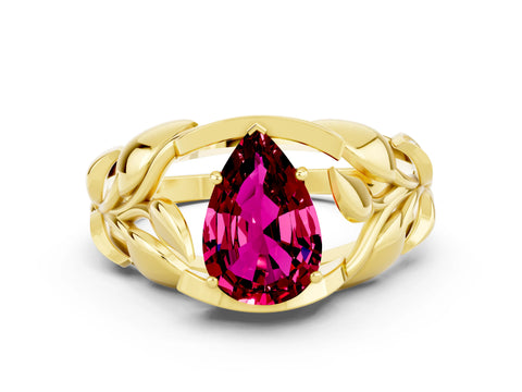 Yellow gold Pear Cut Solitaire Leaf-Inspired Engagement Ring with Prong Setting