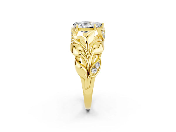 Yellow gold Pear Cut Moissanite Leaf-Inspired Engagement Ring with Round Accents and Prong Setting