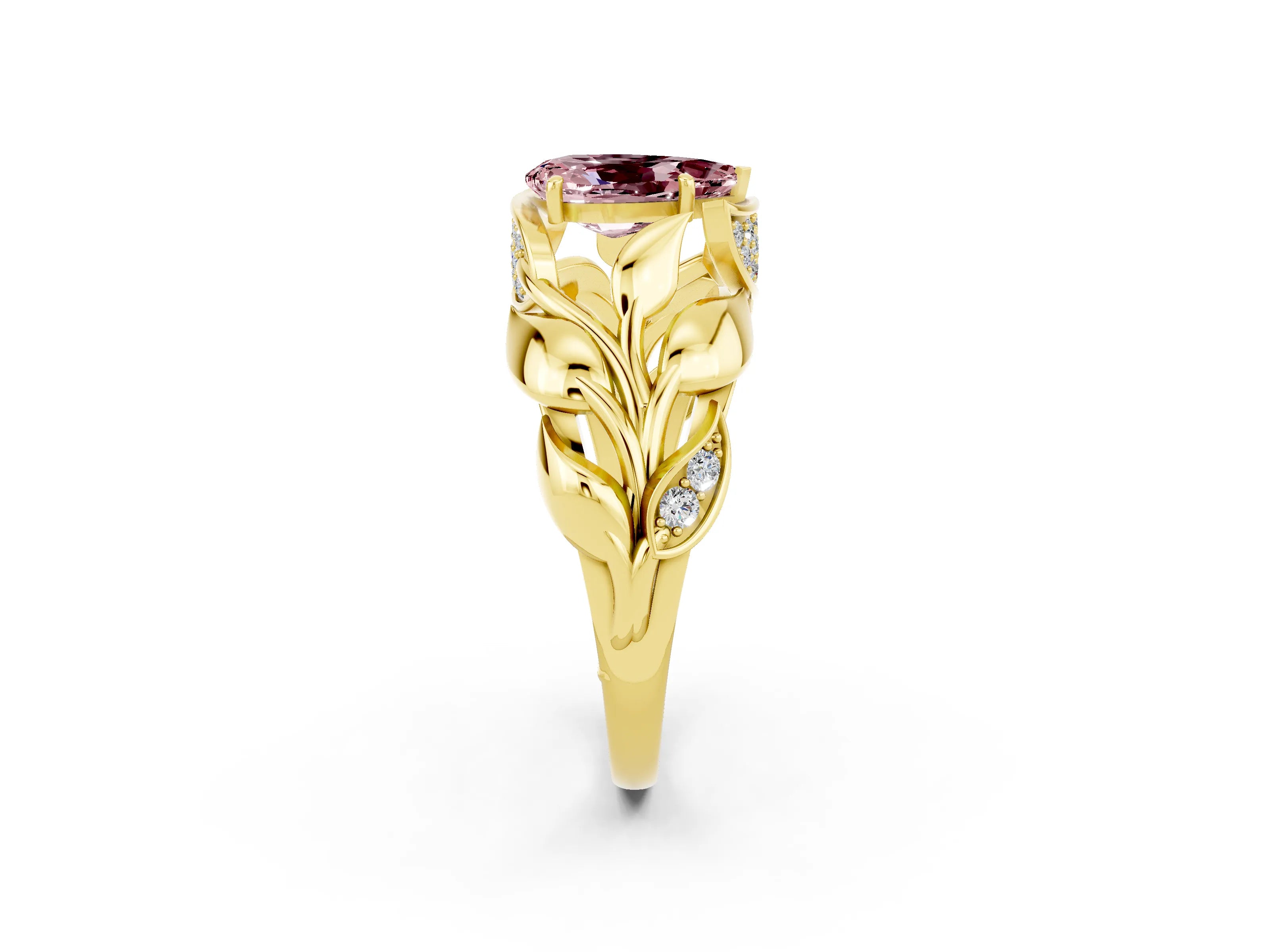 Yellow gold Pear Cut Solitaire Leaf-Inspired Engagement Ring with Prong Setting_2