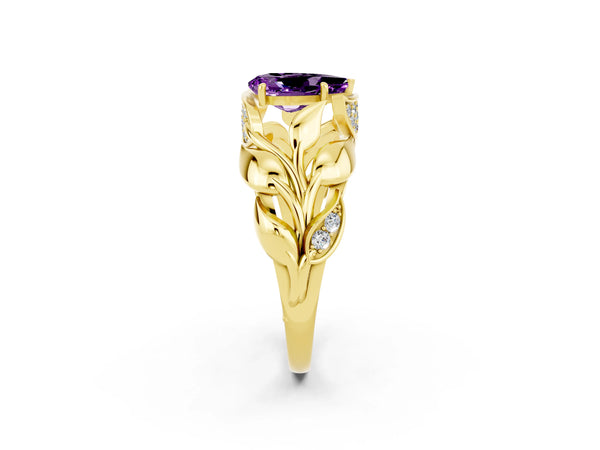 Yellow gold Pear Cut Amethyst Leaf-Inspired Engagement Ring with Round Accents and Prong Setting