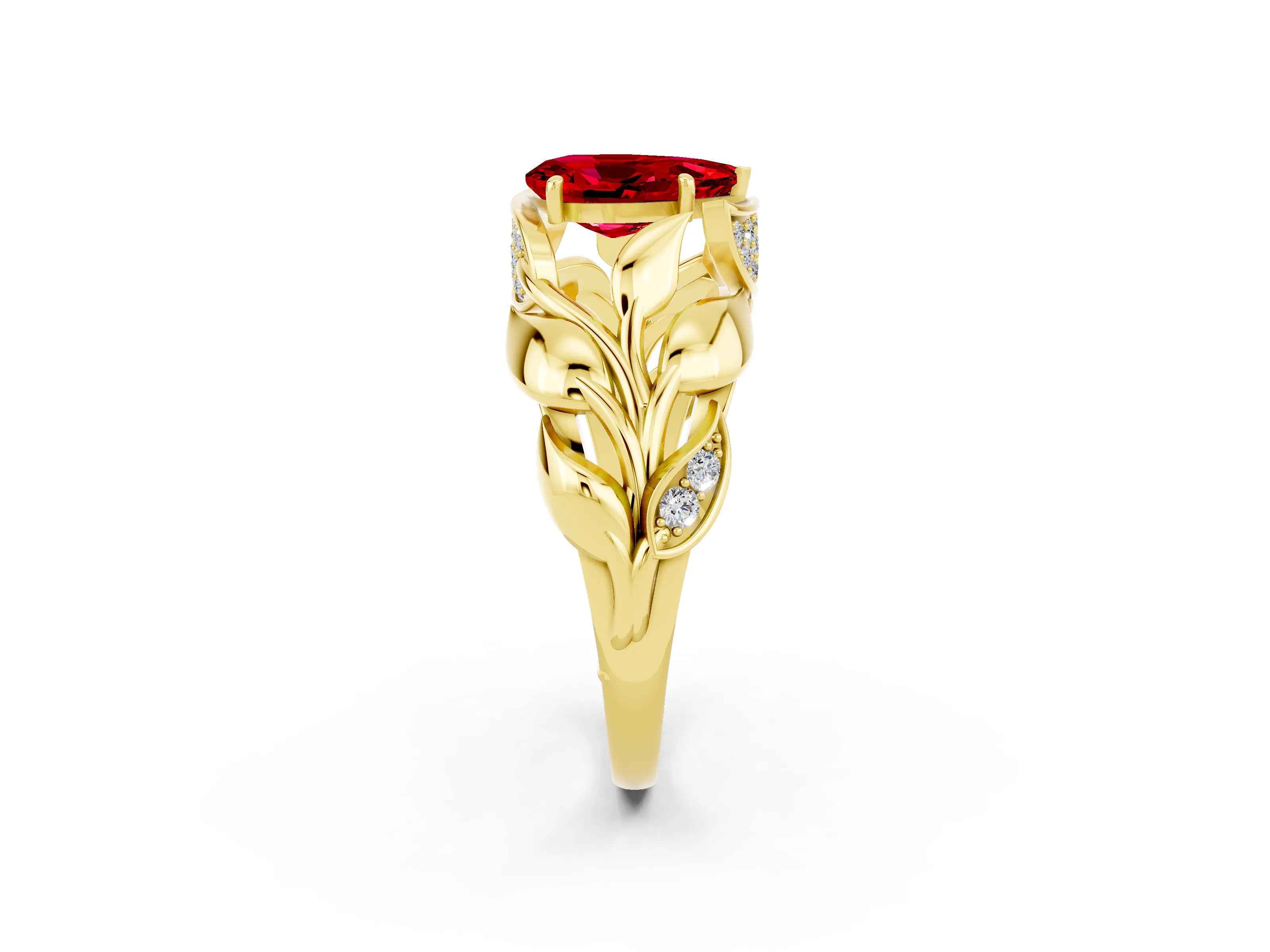Yellow gold Pear Cut Solitaire Leaf-Inspired Engagement Ring with Prong Setting_2