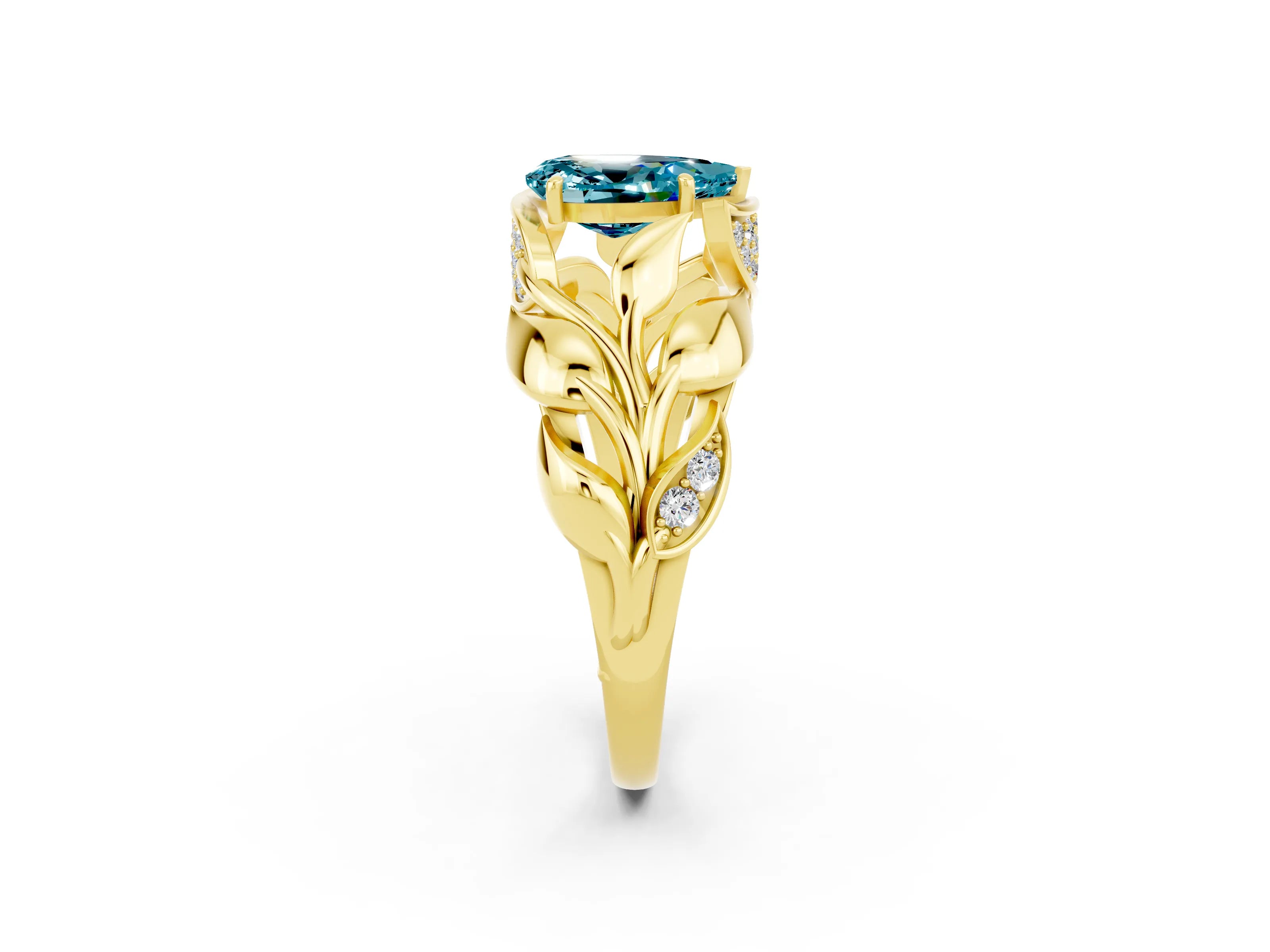 Yellow gold Pear Cut Solitaire Leaf-Inspired Engagement Ring with Prong Setting_2
