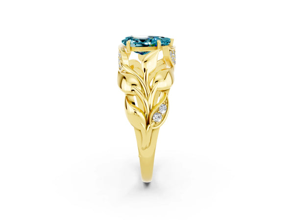 Yellow gold Pear Cut Solitaire Leaf-Inspired Engagement Ring with Prong Setting