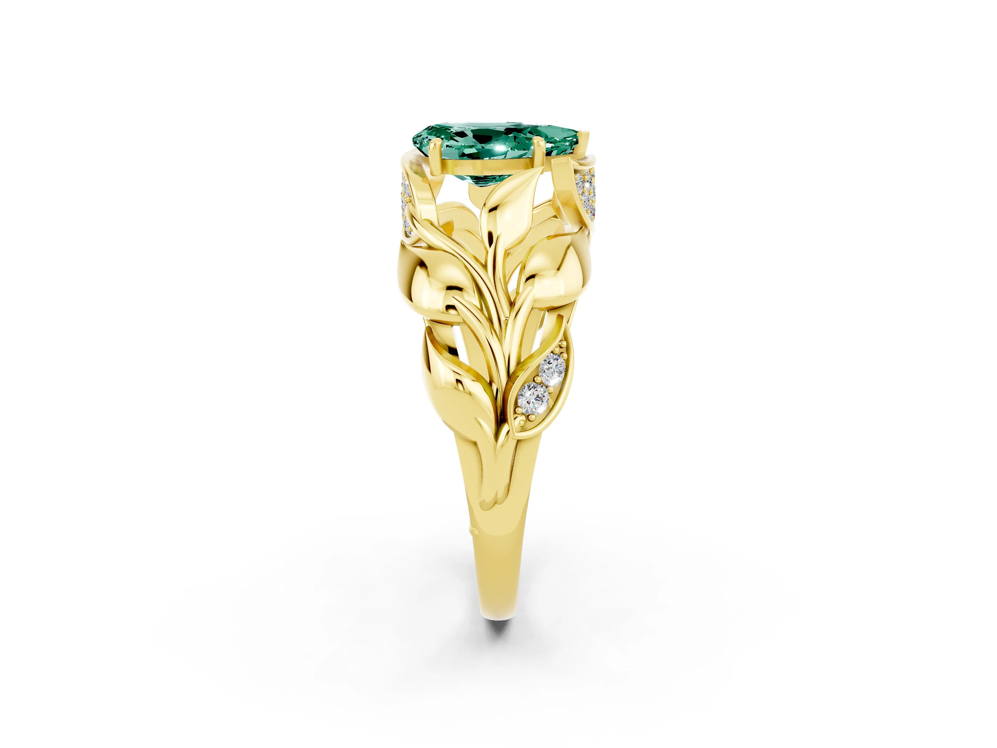 Yellow gold Pear Cut Solitaire Leaf-Inspired Engagement Ring with Prong Setting_2