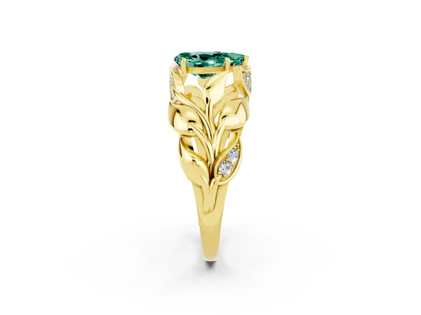 Yellow gold Pear Cut Green Sapphire Leaf-Inspired Engagement Ring with Round Accents and Prong Setting