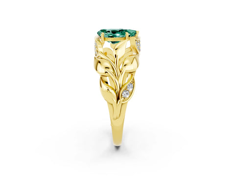 Yellow gold Pear Cut Solitaire Leaf-Inspired Engagement Ring with Prong Setting_2