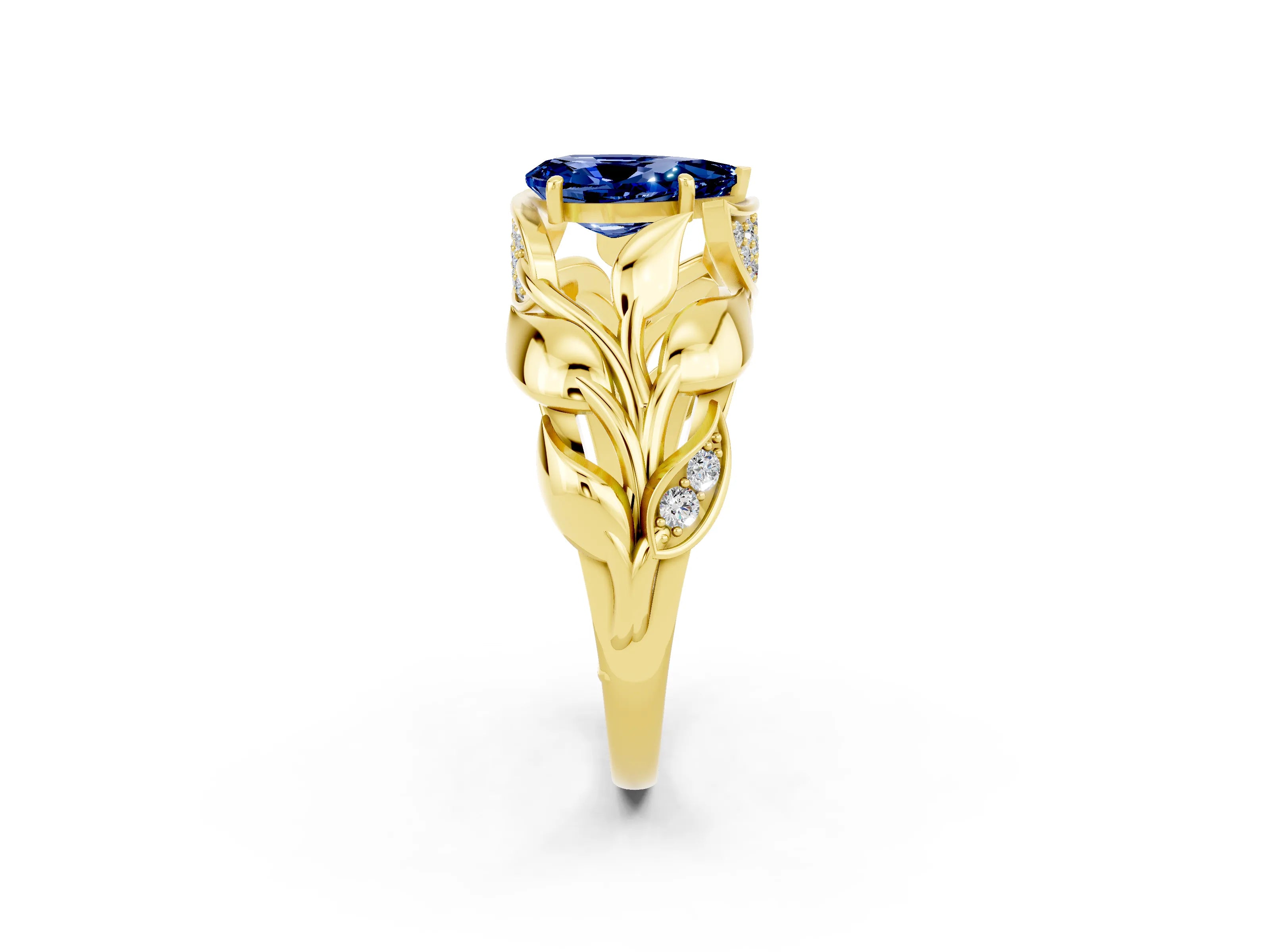 Yellow gold Pear Cut Solitaire Leaf-Inspired Engagement Ring with Prong Setting_2
