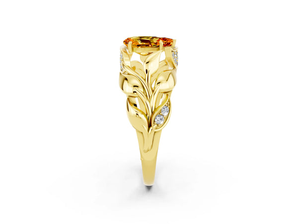 Yellow gold Pear Cut Citrine Leaf-Inspired Engagement Ring with Round Accents and Prong Setting
