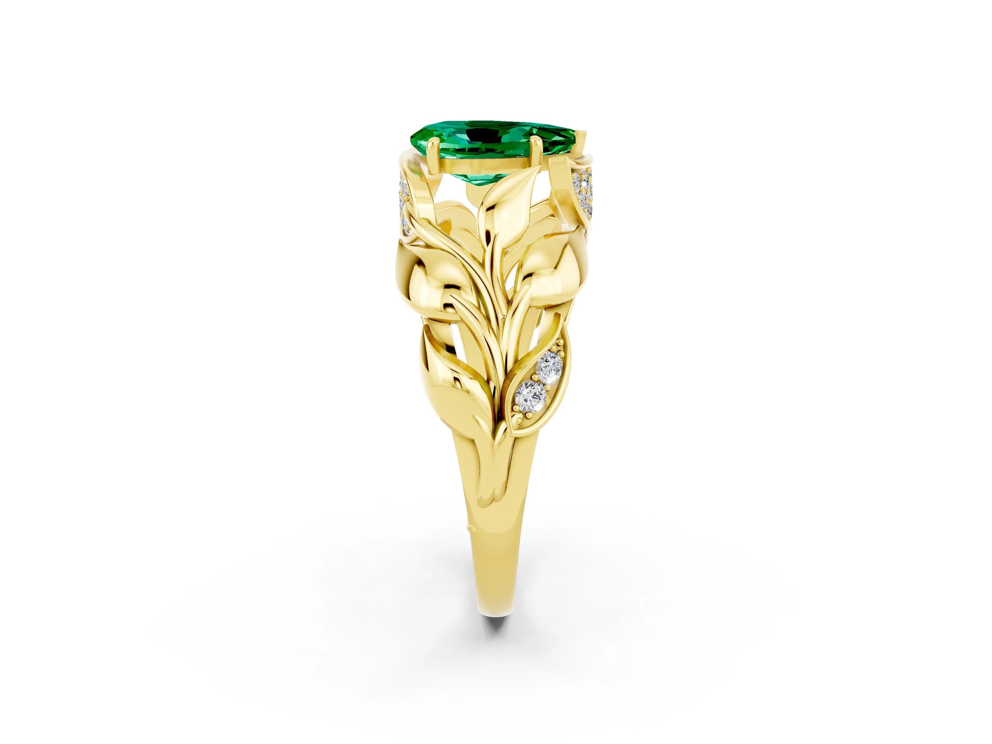 Yellow gold Pear Cut Solitaire Leaf-Inspired Engagement Ring with Prong Setting_2