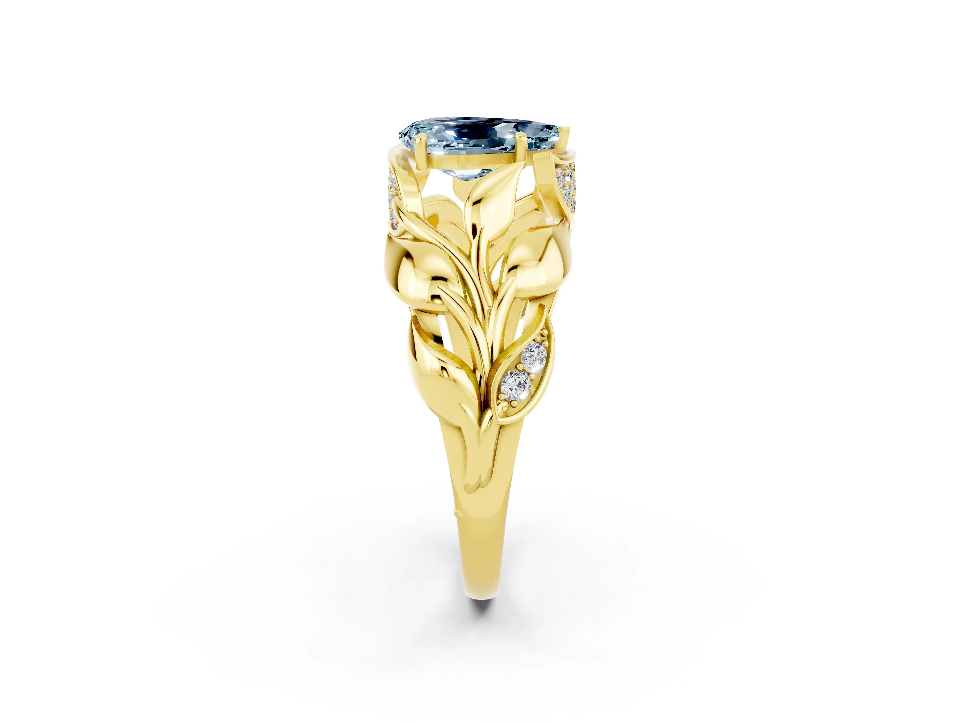 Yellow gold Pear Cut Solitaire Leaf-Inspired Engagement Ring with Prong Setting_2