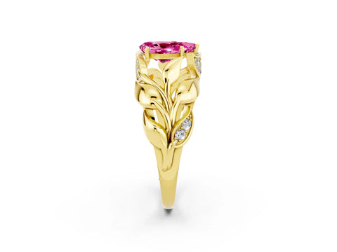 Yellow gold Pear Cut Solitaire Leaf-Inspired Engagement Ring with Prong Setting_2