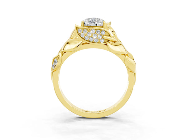Yellow gold Pear Cut Moissanite Leaf-Inspired Engagement Ring with Round Accents and Prong Setting
