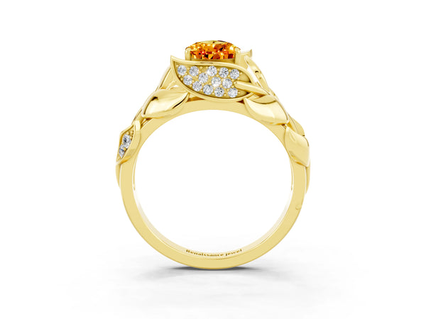 Yellow gold Pear Cut Citrine Leaf-Inspired Engagement Ring with Round Accents and Prong Setting