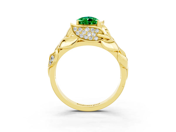 Yellow gold Pear Cut Emerald Leaf-Inspired Engagement Ring with Round Accents and Prong Setting