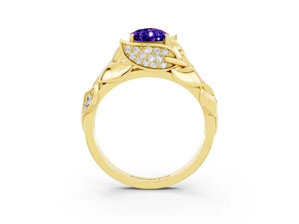 Yellow gold Pear Cut Tanzanite Leaf-Inspired Engagement Ring with Round Accents and Prong Setting