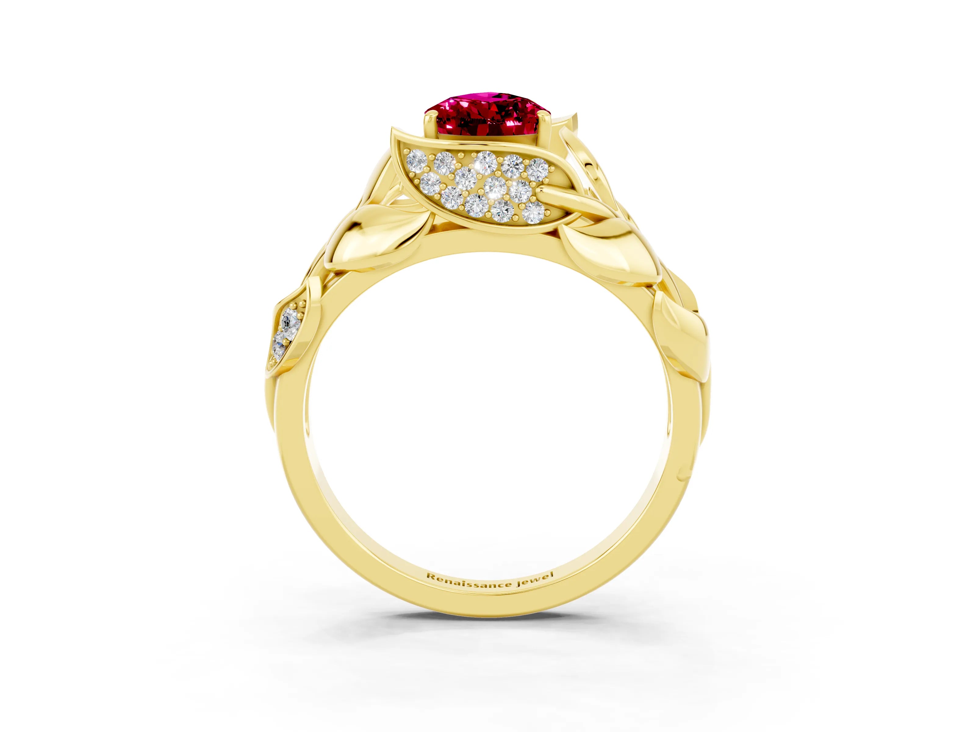 Yellow gold Pear Cut Solitaire Leaf-Inspired Engagement Ring with Prong Setting_3