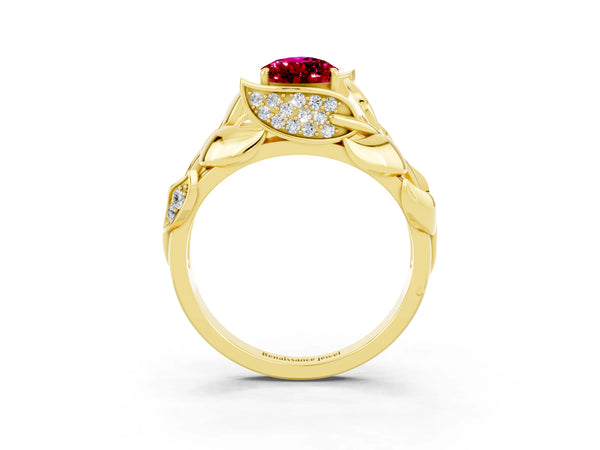 Yellow gold Pear Cut Garnet Leaf-Inspired Engagement Ring with Round Accents and Prong Setting