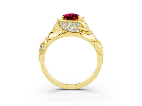 Yellow gold Pear Cut Solitaire Leaf-Inspired Engagement Ring with Prong Setting_3