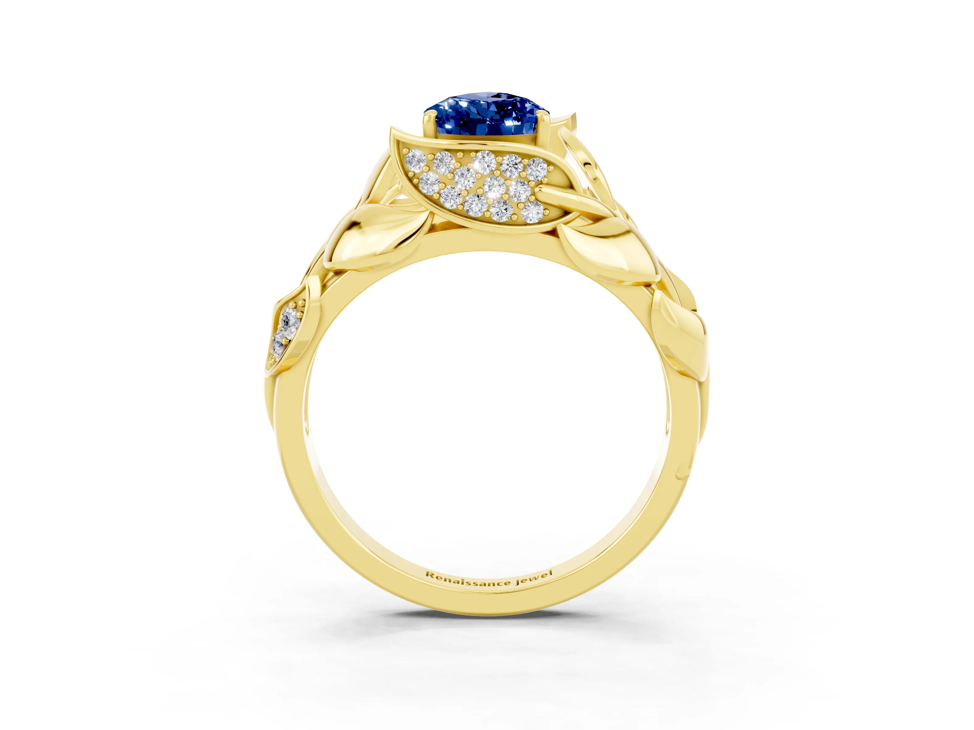 Yellow gold Pear Cut Solitaire Leaf-Inspired Engagement Ring with Prong Setting_3