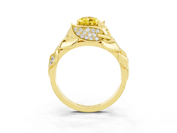 Yellow gold Pear Cut Yellow Sapphire Leaf-Inspired Engagement Ring with Round Accents and Prong Setting