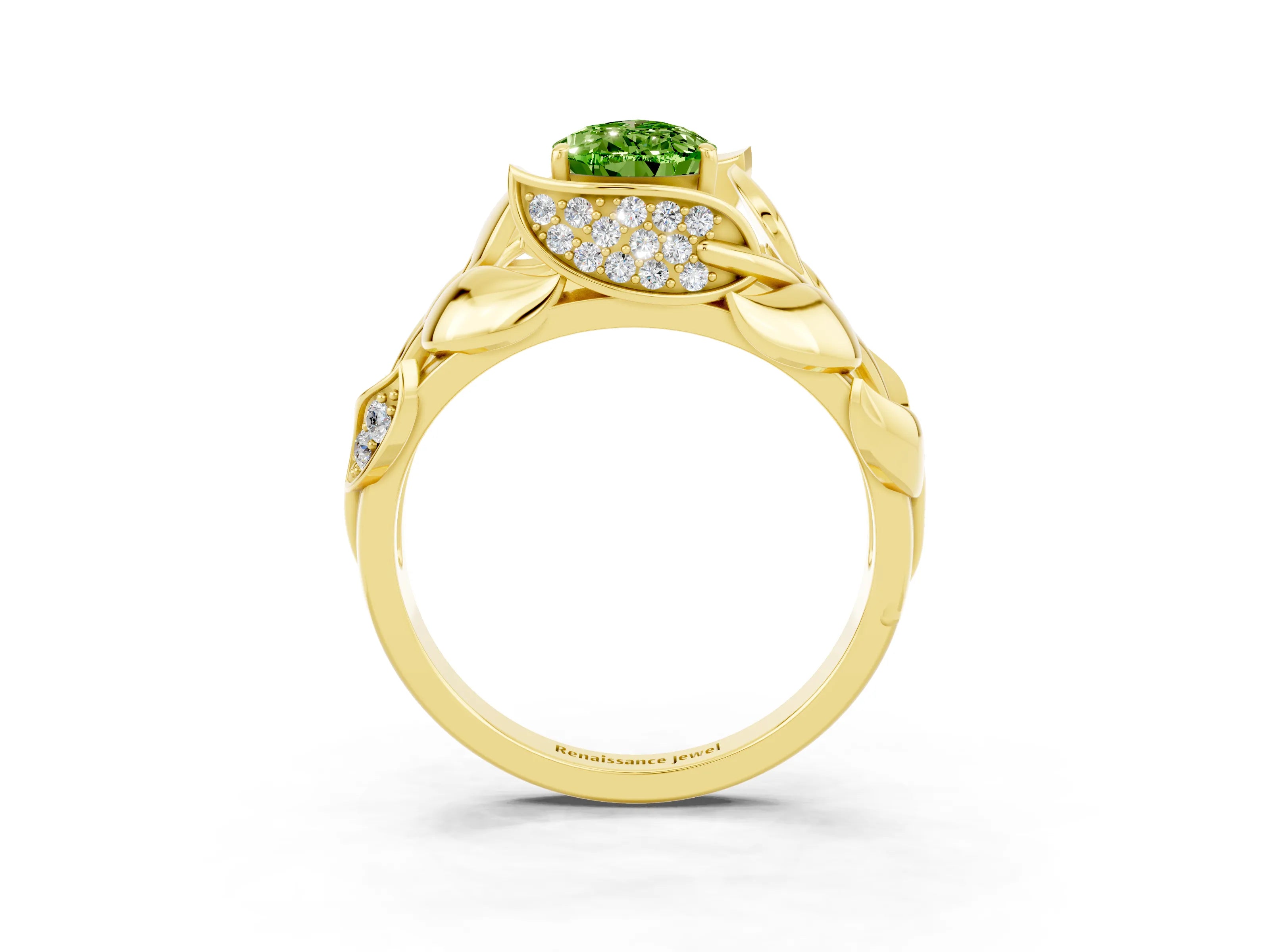 Yellow gold Pear Cut Solitaire Leaf-Inspired Engagement Ring with Prong Setting_3