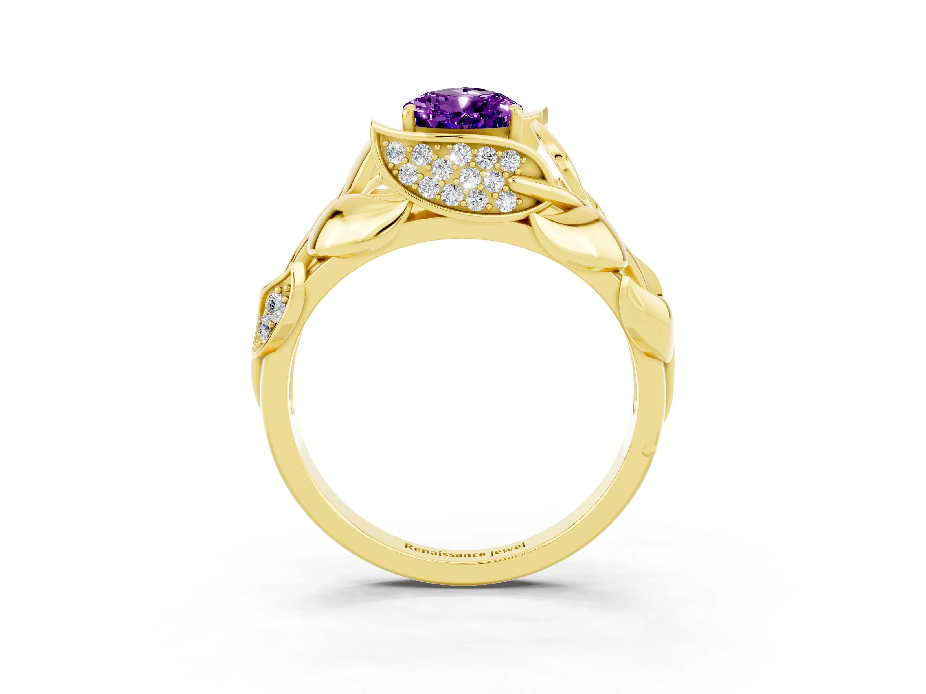 Yellow gold Pear Cut Solitaire Leaf-Inspired Engagement Ring with Prong Setting_3