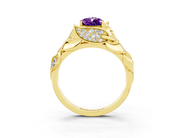 Yellow gold Pear Cut Amethyst Leaf-Inspired Engagement Ring with Round Accents and Prong Setting