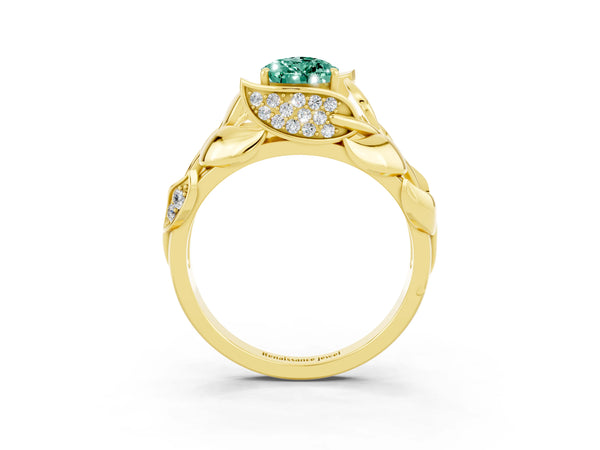 Yellow gold Pear Cut Green Sapphire Leaf-Inspired Engagement Ring with Round Accents and Prong Setting