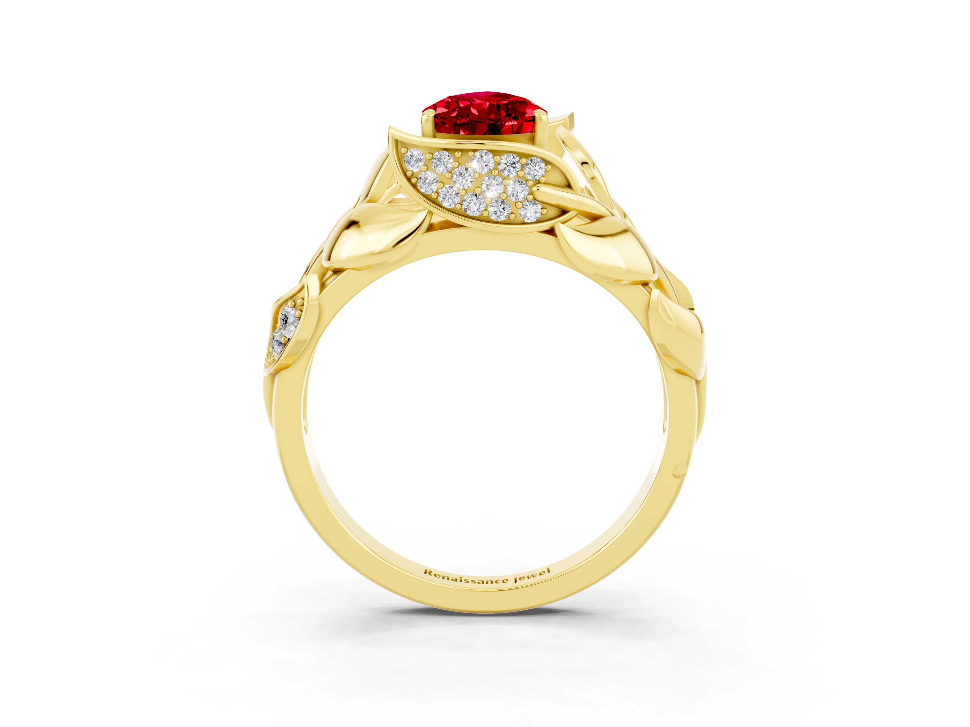 Yellow gold Pear Cut Solitaire Leaf-Inspired Engagement Ring with Prong Setting_3