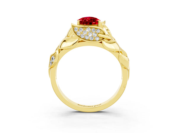 Yellow gold Pear Cut Ruby Leaf-Inspired Engagement Ring with Round Accents and Prong Setting