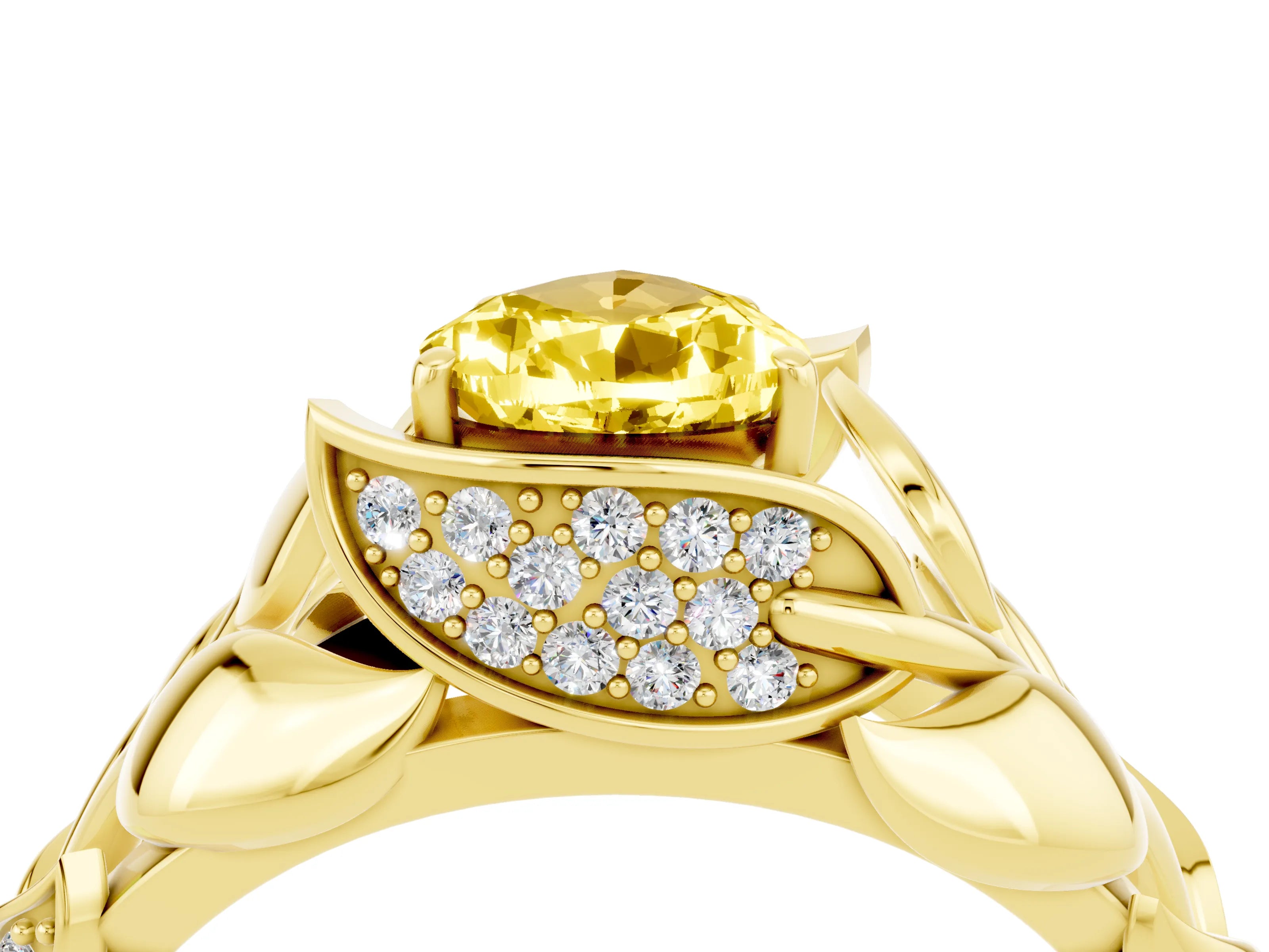 Yellow gold Pear Cut Solitaire Leaf-Inspired Engagement Ring with Prong Setting_4