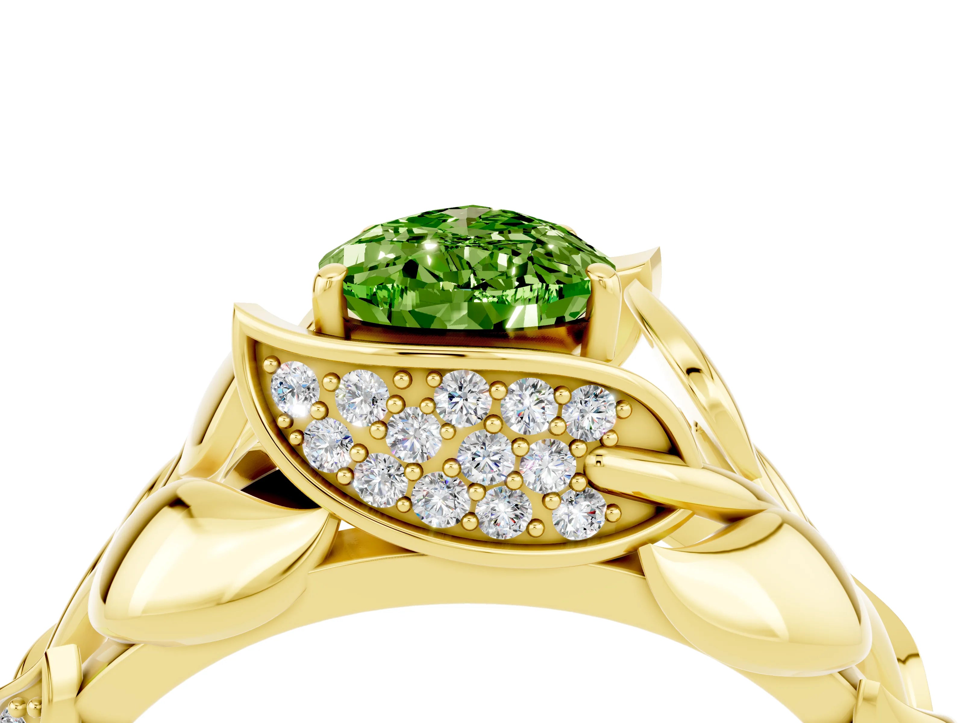 Yellow gold Pear Cut Solitaire Leaf-Inspired Engagement Ring with Prong Setting_4