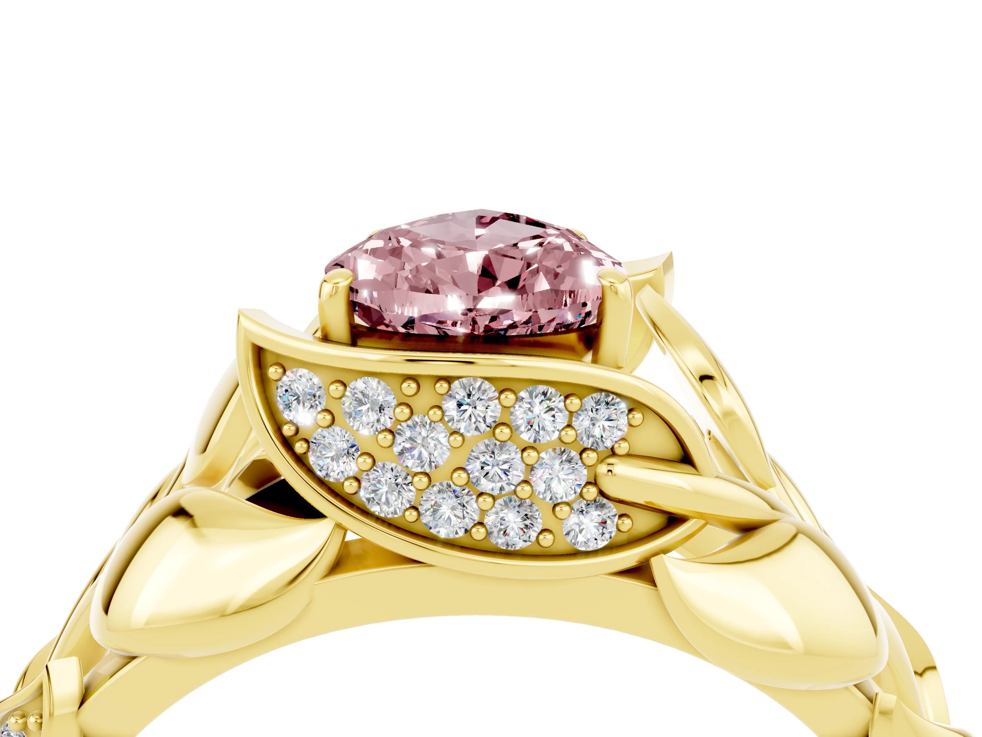 Yellow gold Pear Cut Solitaire Leaf-Inspired Engagement Ring with Prong Setting_4
