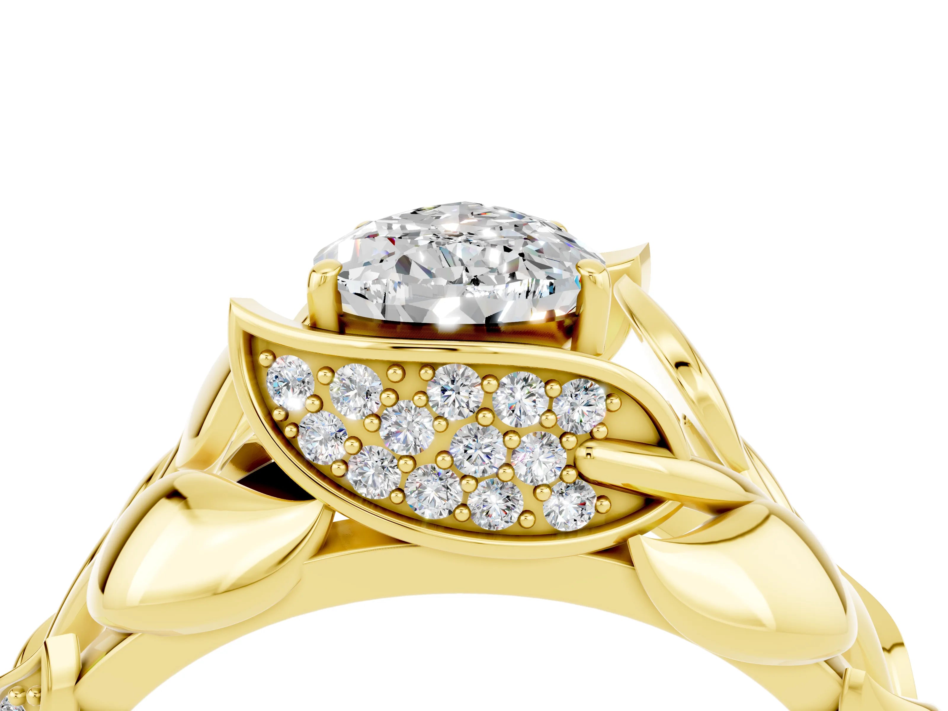 Yellow gold Pear Cut Solitaire Leaf-Inspired Engagement Ring with Prong Setting_4
