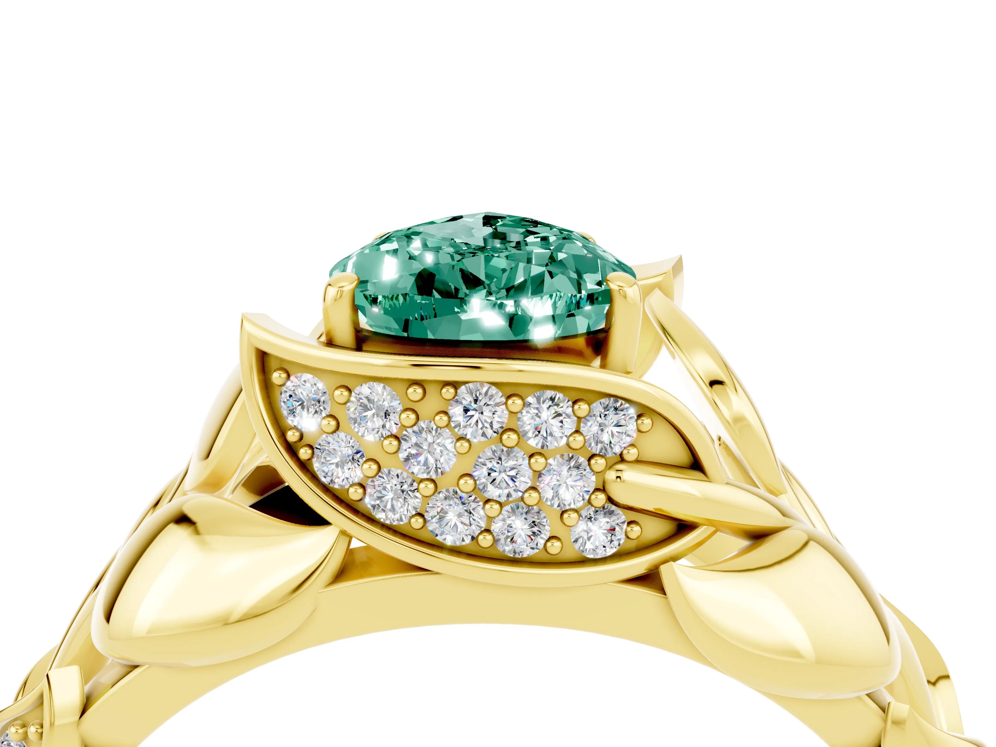 Yellow gold Pear Cut Solitaire Leaf-Inspired Engagement Ring with Prong Setting_4