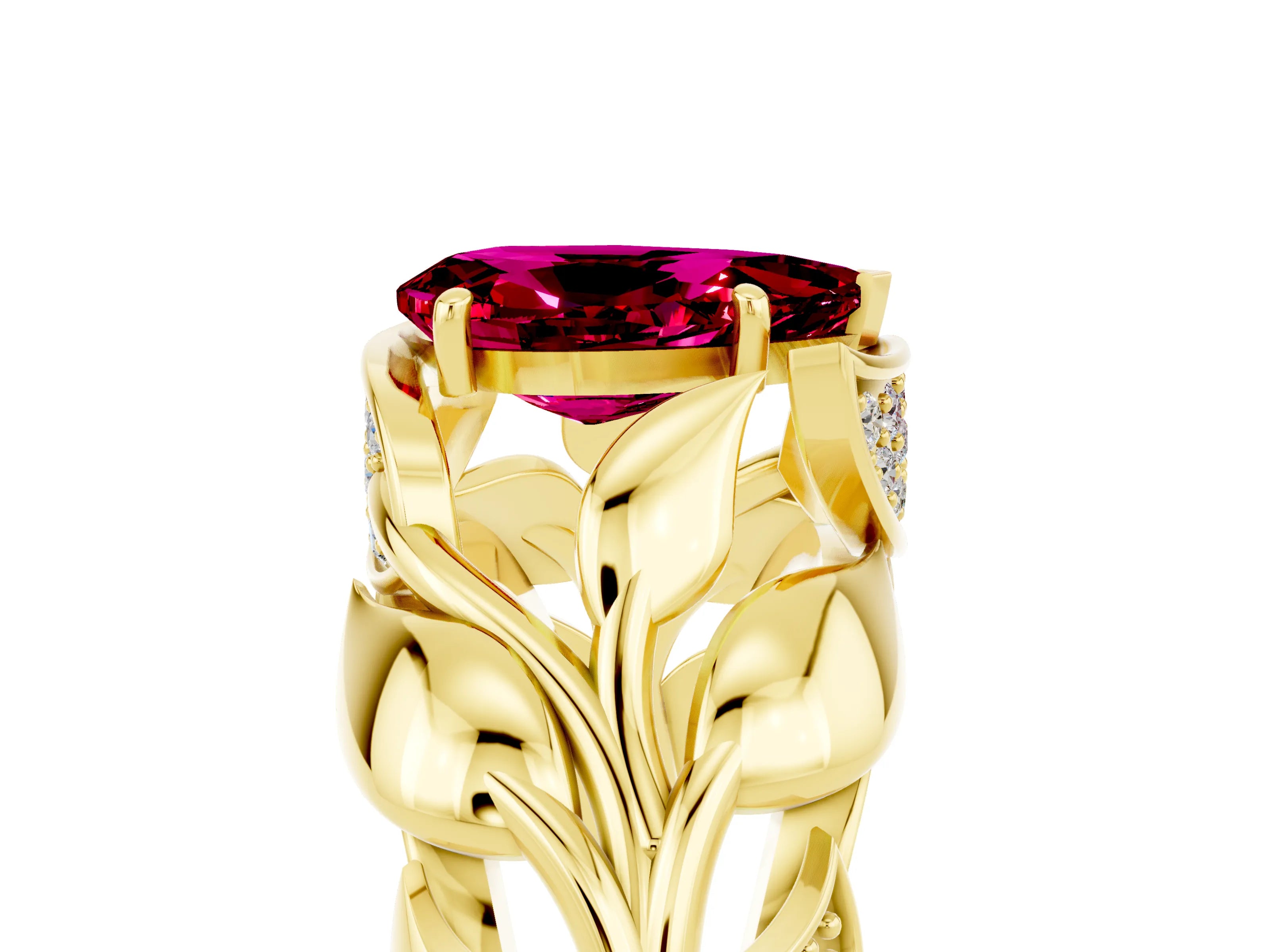 Yellow gold Pear Cut Solitaire Leaf-Inspired Engagement Ring with Prong Setting_5