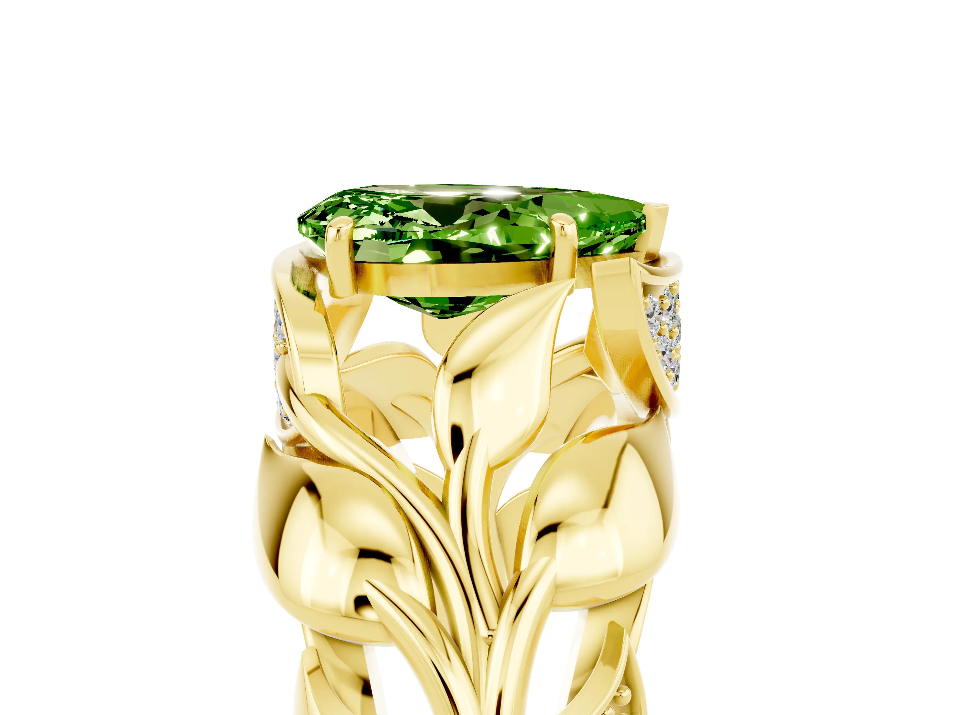 Yellow gold Pear Cut Solitaire Leaf-Inspired Engagement Ring with Prong Setting_5