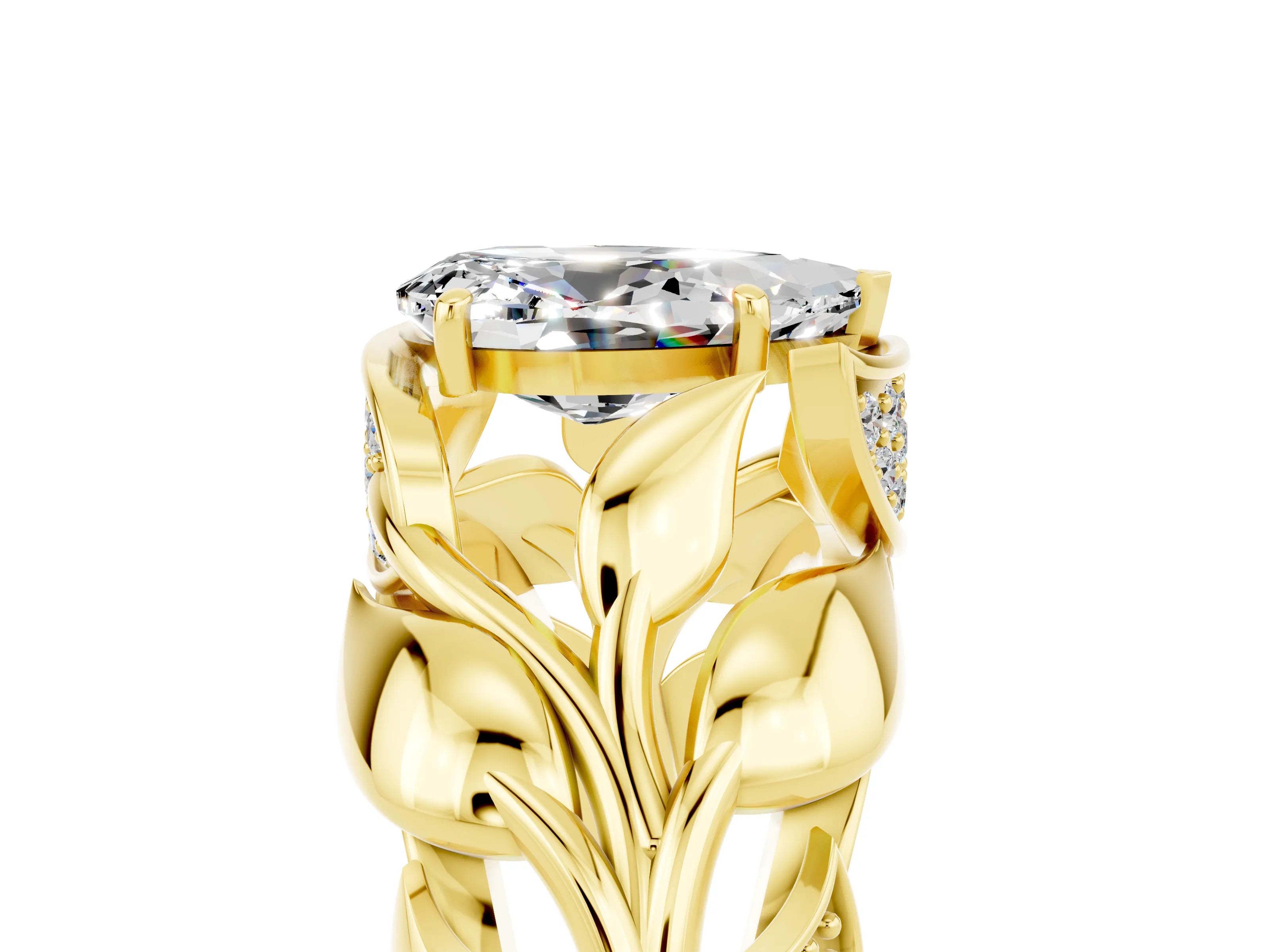 Yellow gold Pear Cut Solitaire Leaf-Inspired Engagement Ring with Prong Setting_5