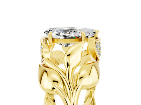 Yellow gold Pear Cut Solitaire Leaf-Inspired Engagement Ring with Prong Setting_5