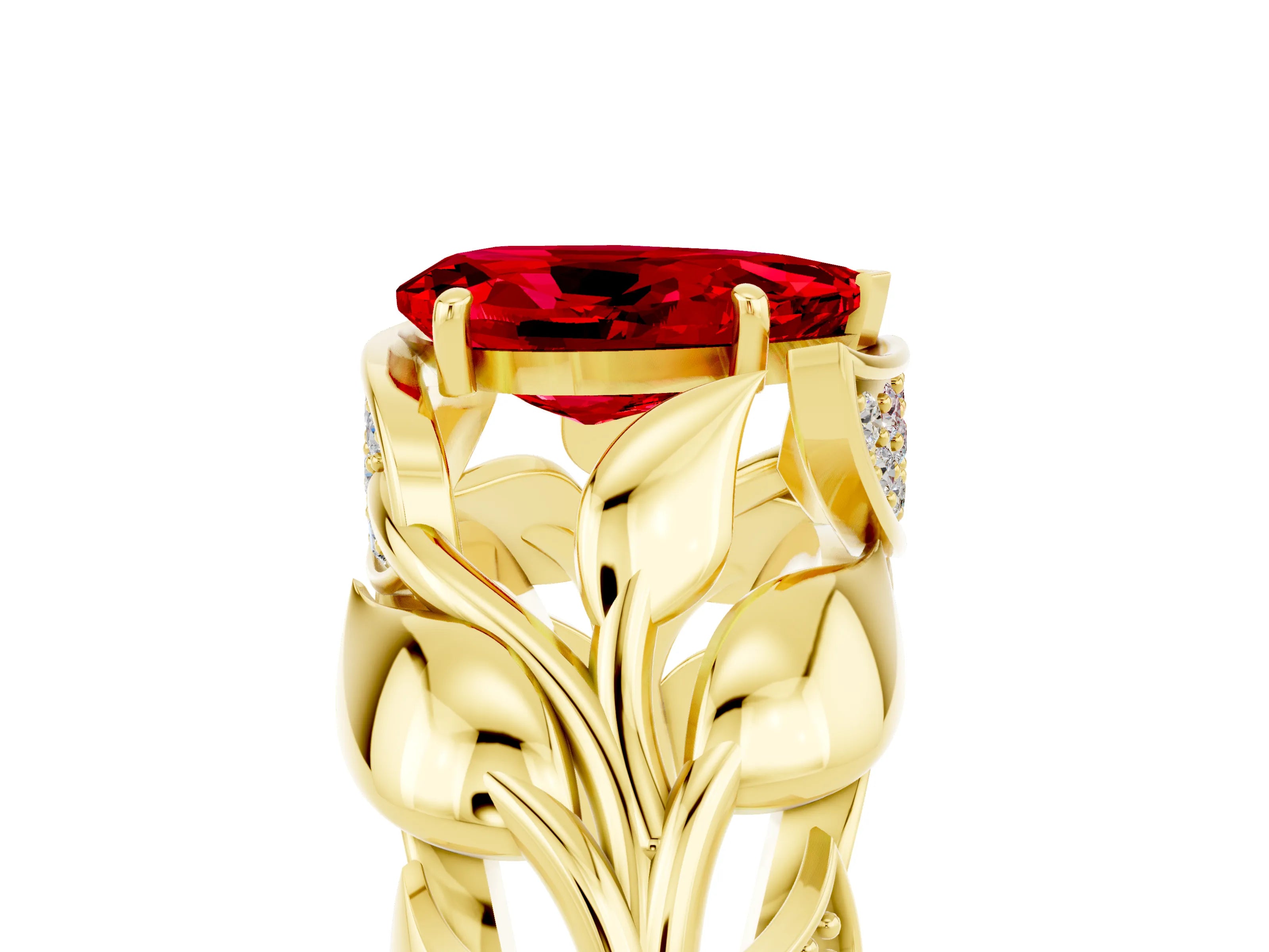 Yellow gold Pear Cut Solitaire Leaf-Inspired Engagement Ring with Prong Setting_5