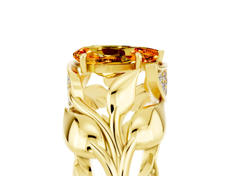 Yellow gold Pear Cut Solitaire Leaf-Inspired Engagement Ring with Prong Setting_5