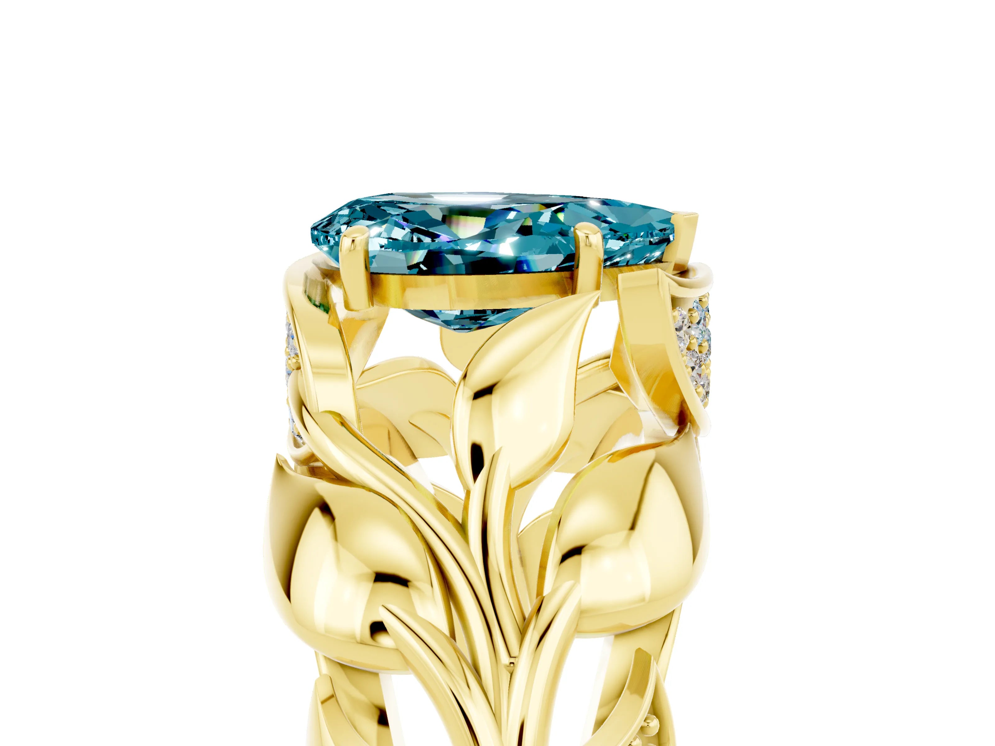 Yellow gold Pear Cut Solitaire Leaf-Inspired Engagement Ring with Prong Setting_5