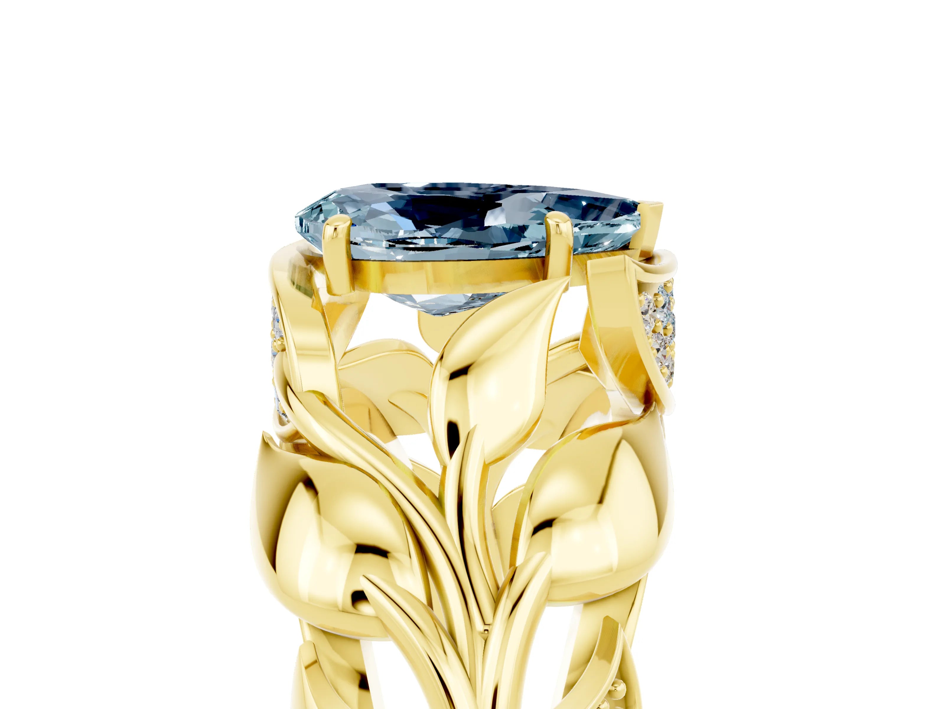 Yellow gold Pear Cut Solitaire Leaf-Inspired Engagement Ring with Prong Setting_5