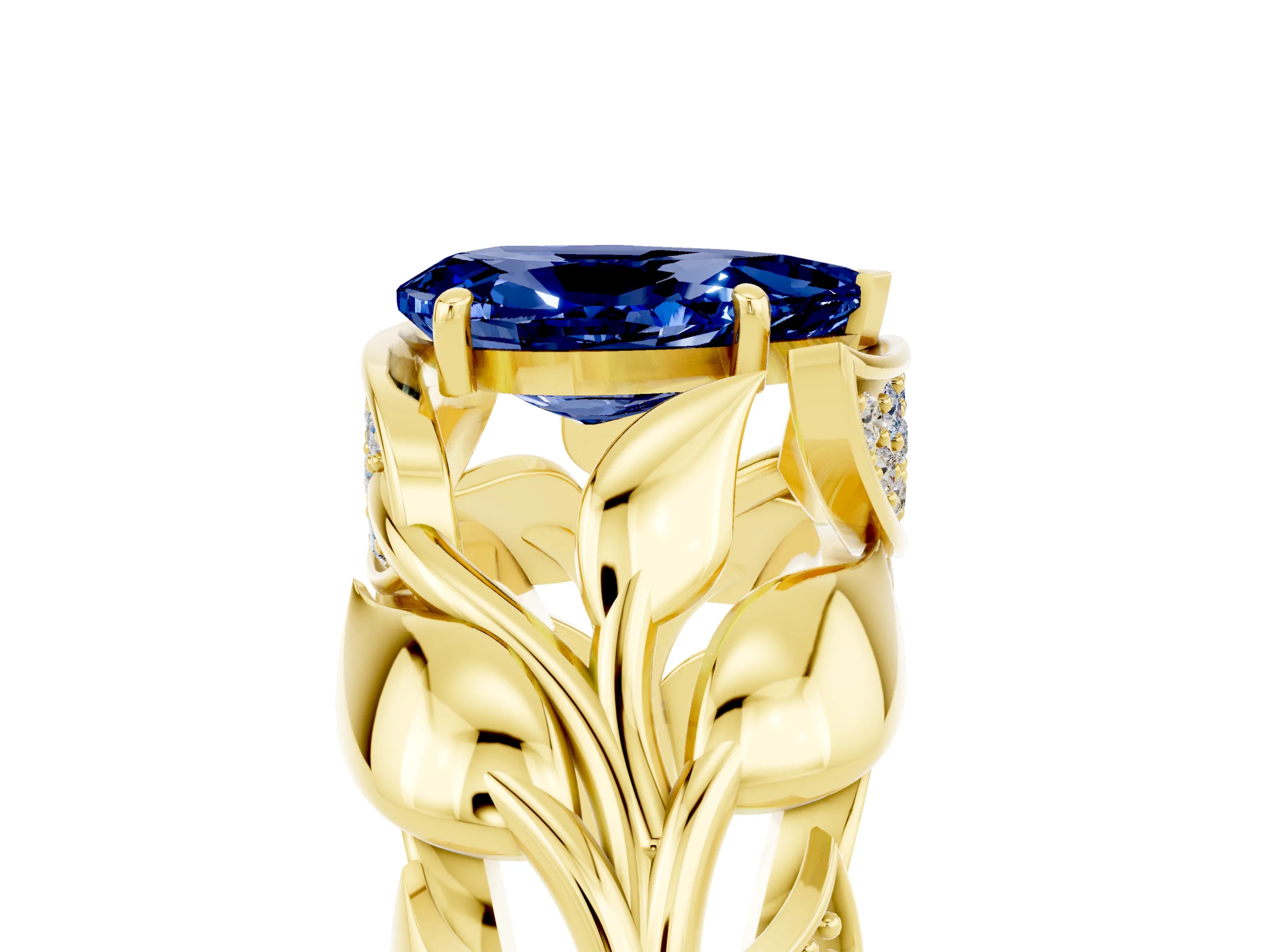 Yellow gold Pear Cut Solitaire Leaf-Inspired Engagement Ring with Prong Setting_5