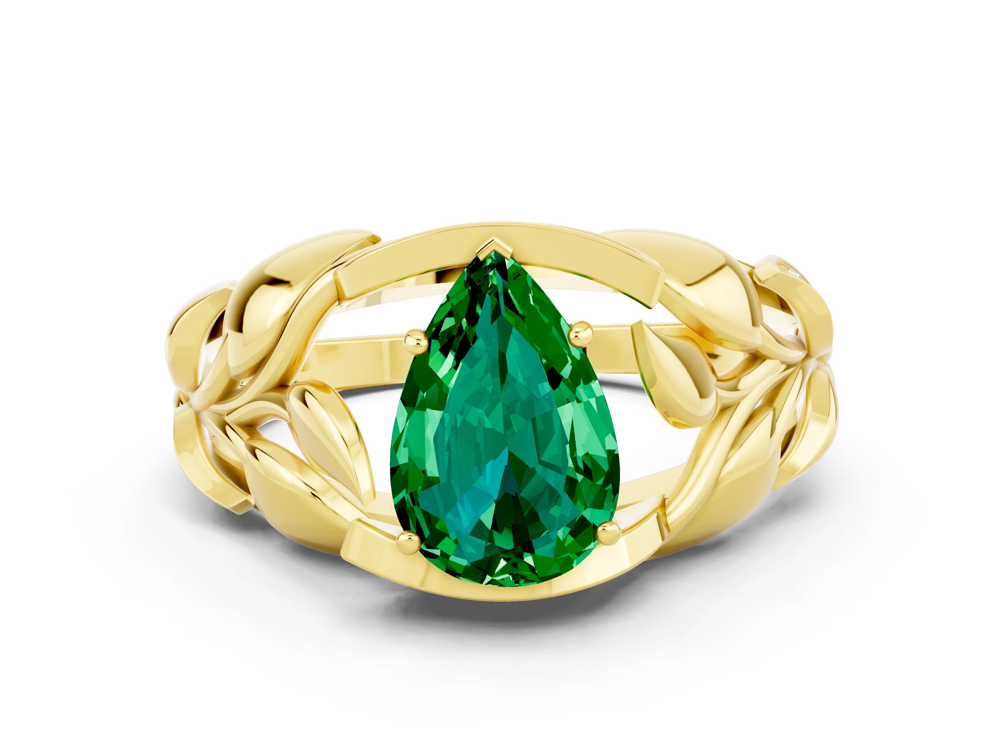 Yellow gold Pear Cut Solitaire Leaf-Inspired Engagement Ring with Prong Setting