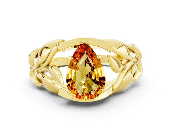 Yellow gold Pear Cut Citrine Leaf-Inspired Engagement Ring with Round Accents and Prong Setting