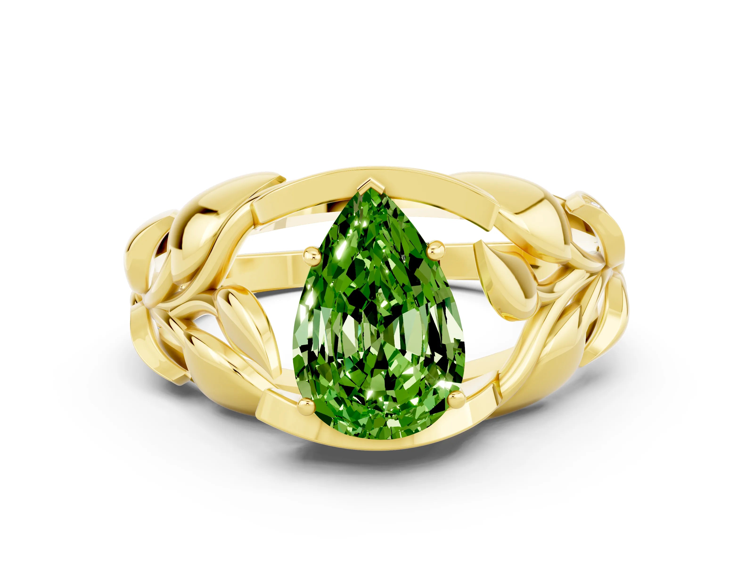Yellow gold Pear Cut Solitaire Leaf-Inspired Engagement Ring with Prong Setting