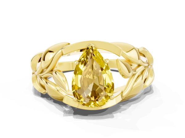 Yellow gold Pear Cut Yellow Sapphire Leaf-Inspired Engagement Ring with Round Accents and Prong Setting