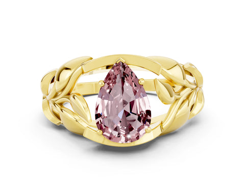 Yellow gold Pear Cut Solitaire Leaf-Inspired Engagement Ring with Prong Setting